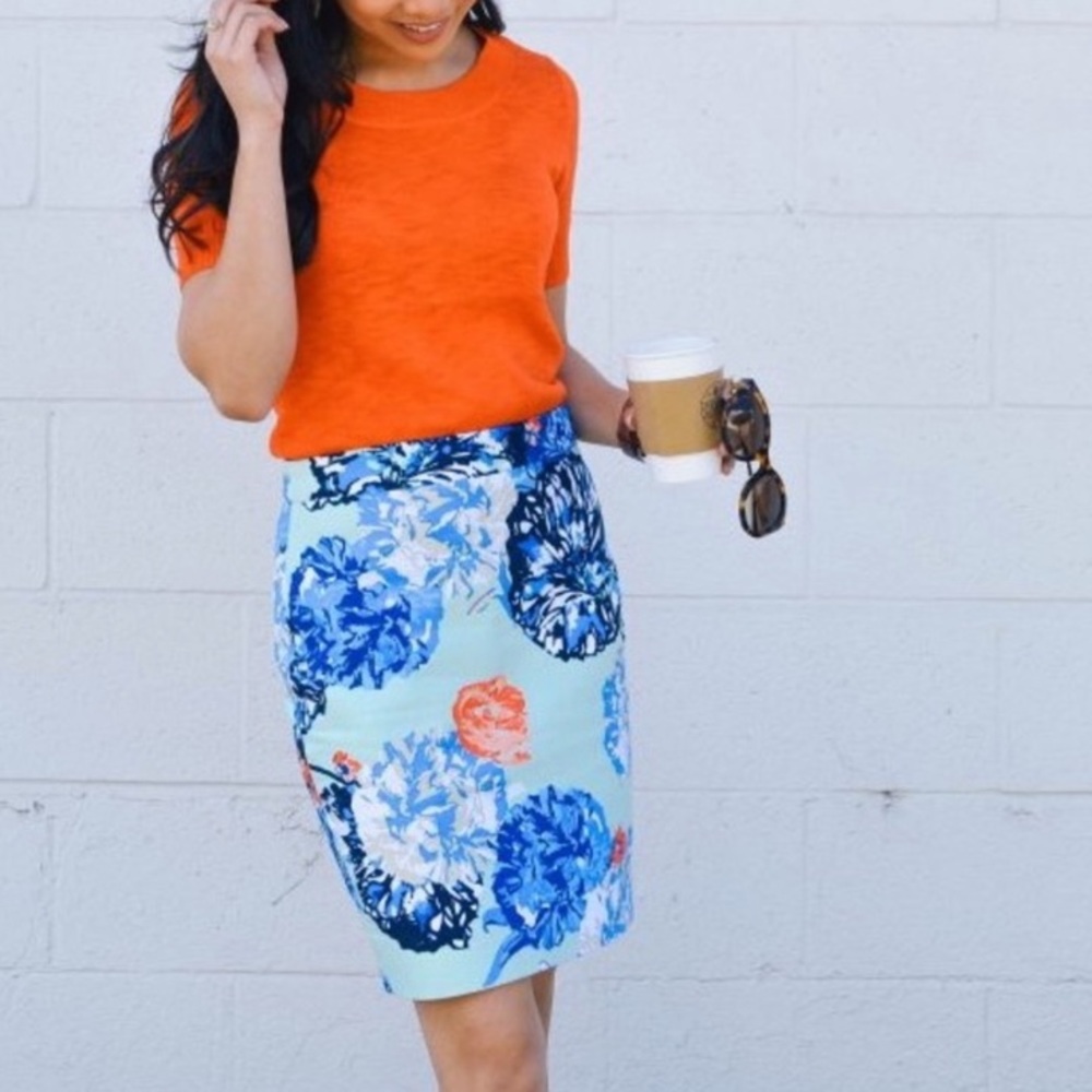 J. Crew Blue Floral Pencil Skirt with Coral Accents